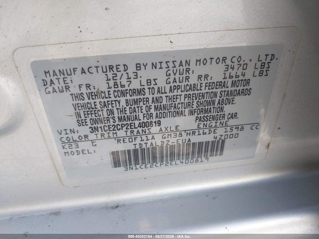 3N1CE2CP2EL400819 2014 NISSAN VERSA NOTE photo no. 9