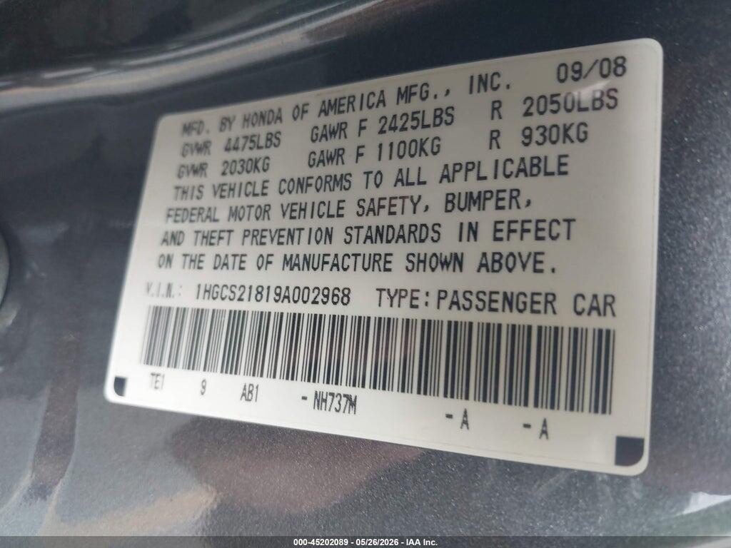 1HGCS21819A002968 2009 HONDA ACCORD photo no. 9