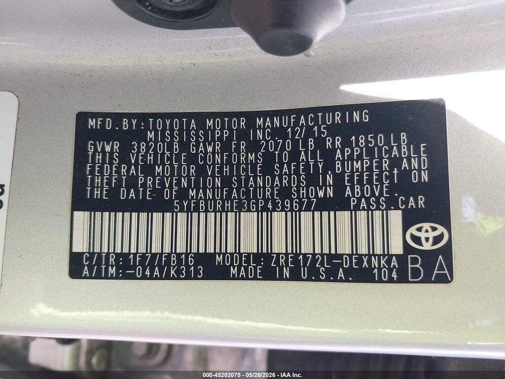 5YFBURHE3GP439677 2016 TOYOTA COROLLA photo no. 9