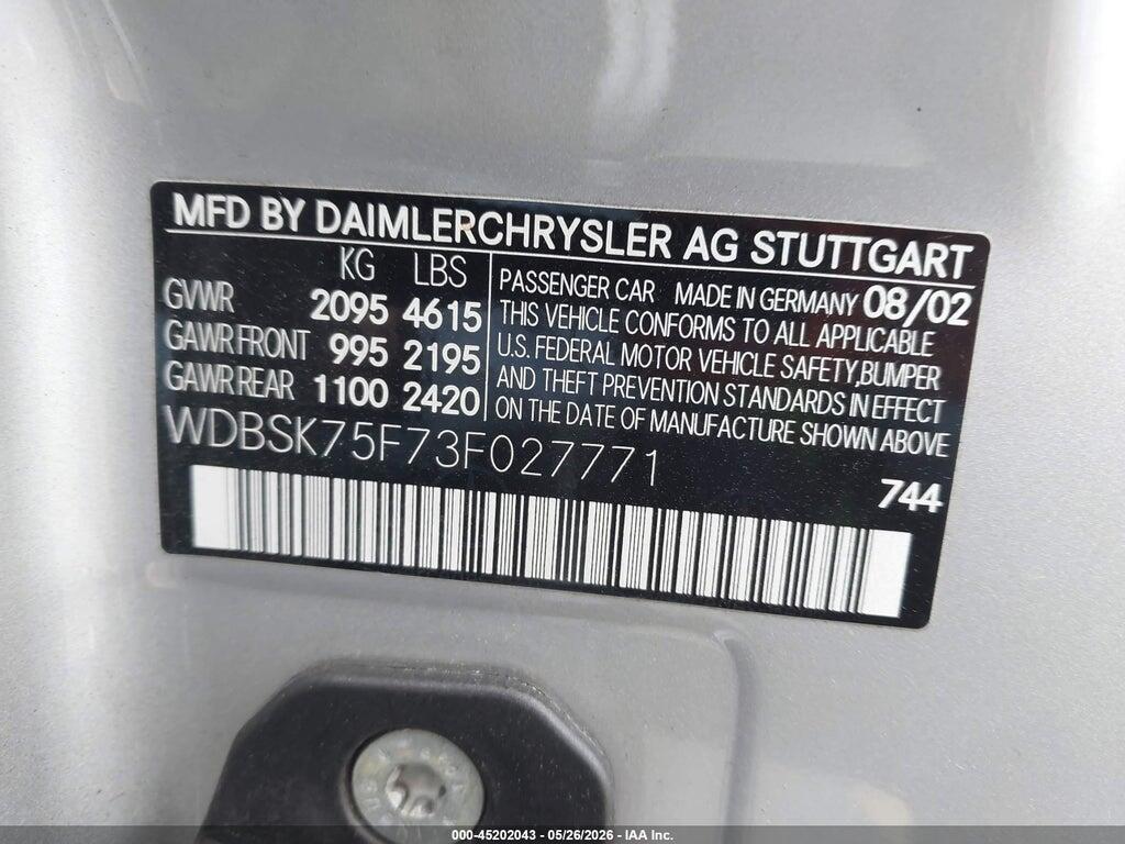WDBSK75F73F027771 2003 MERCEDES-BENZ SL 500 photo no. 9