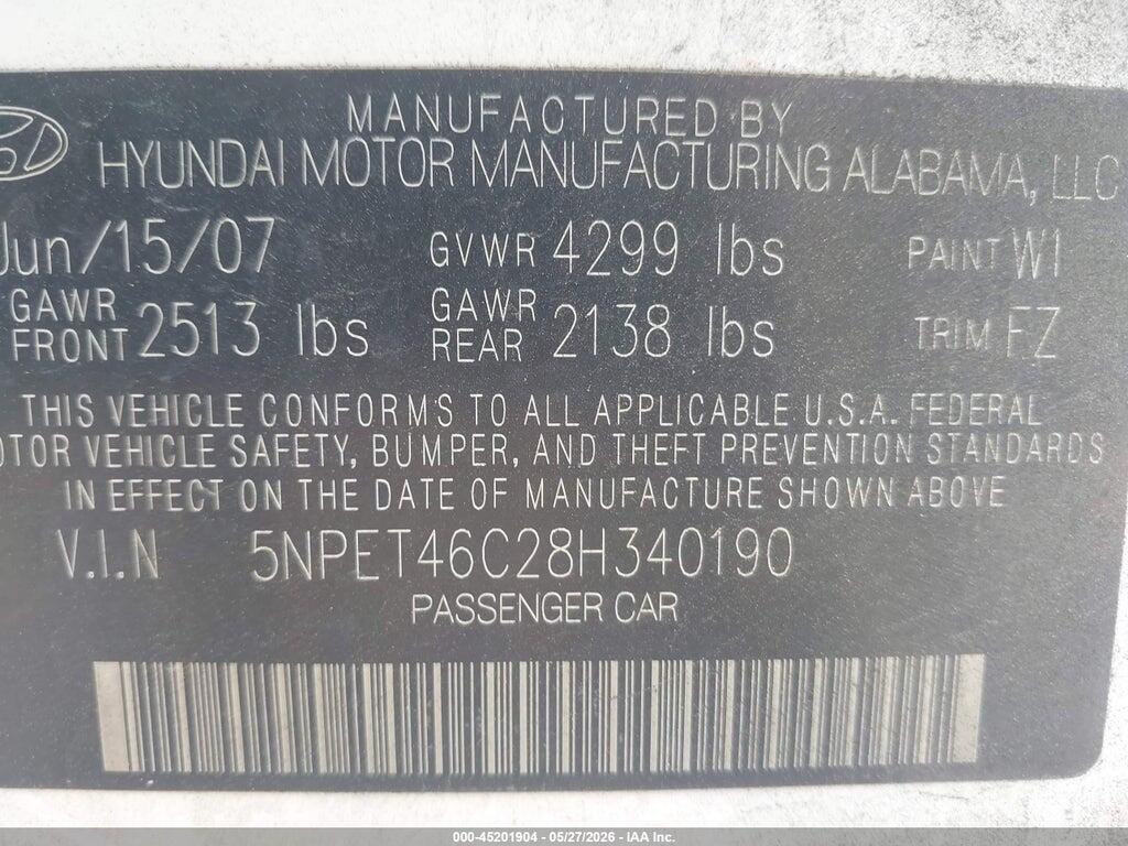 5NPET46C28H340190 2008 HYUNDAI SONATA photo no. 9