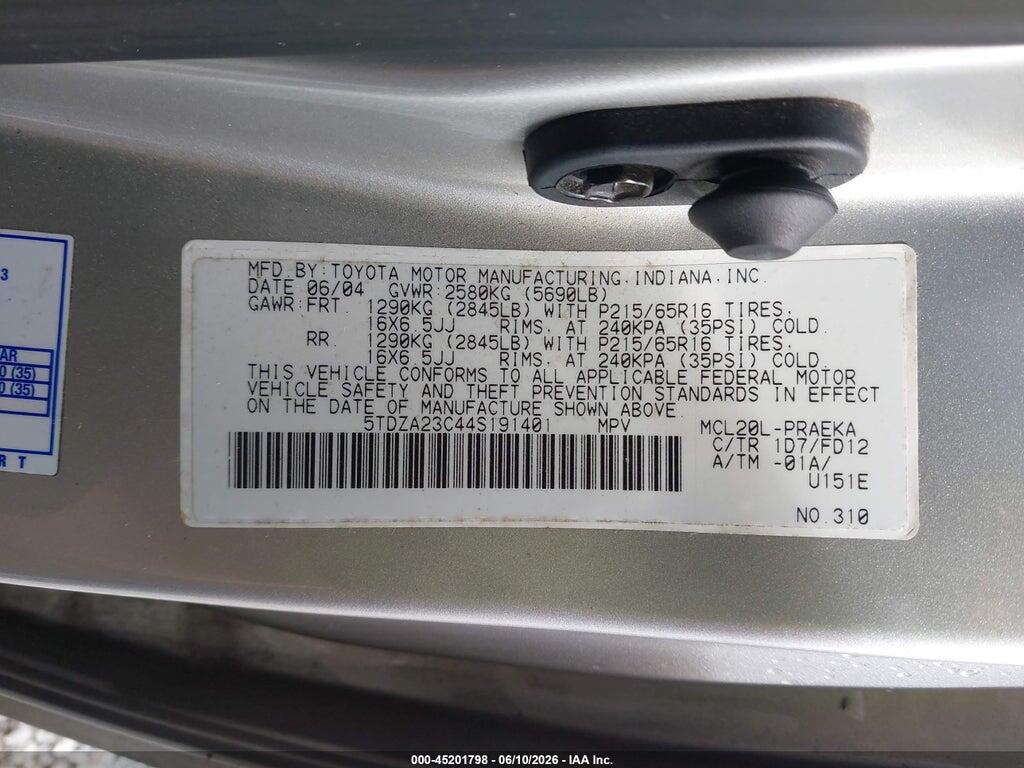 5TDZA23C44S191401 2004 TOYOTA SIENNA photo no. 9