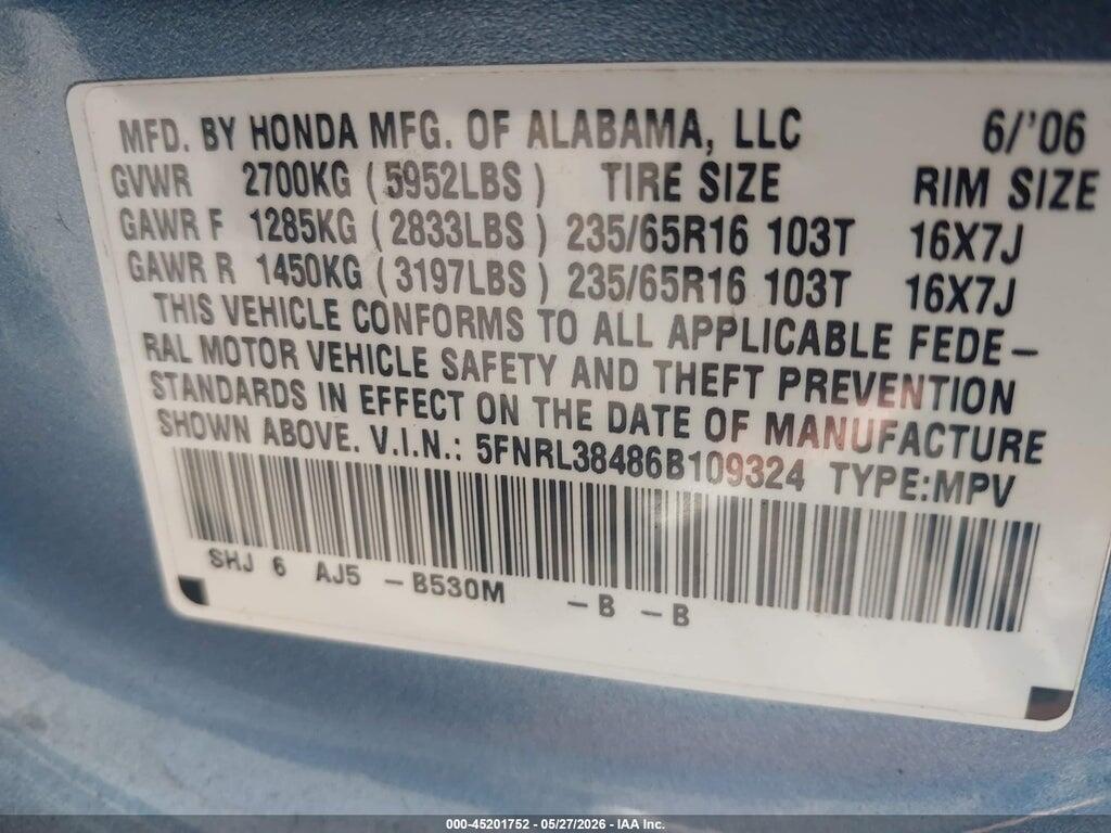 5FNRL38486B109324 2006 HONDA ODYSSEY photo no. 9