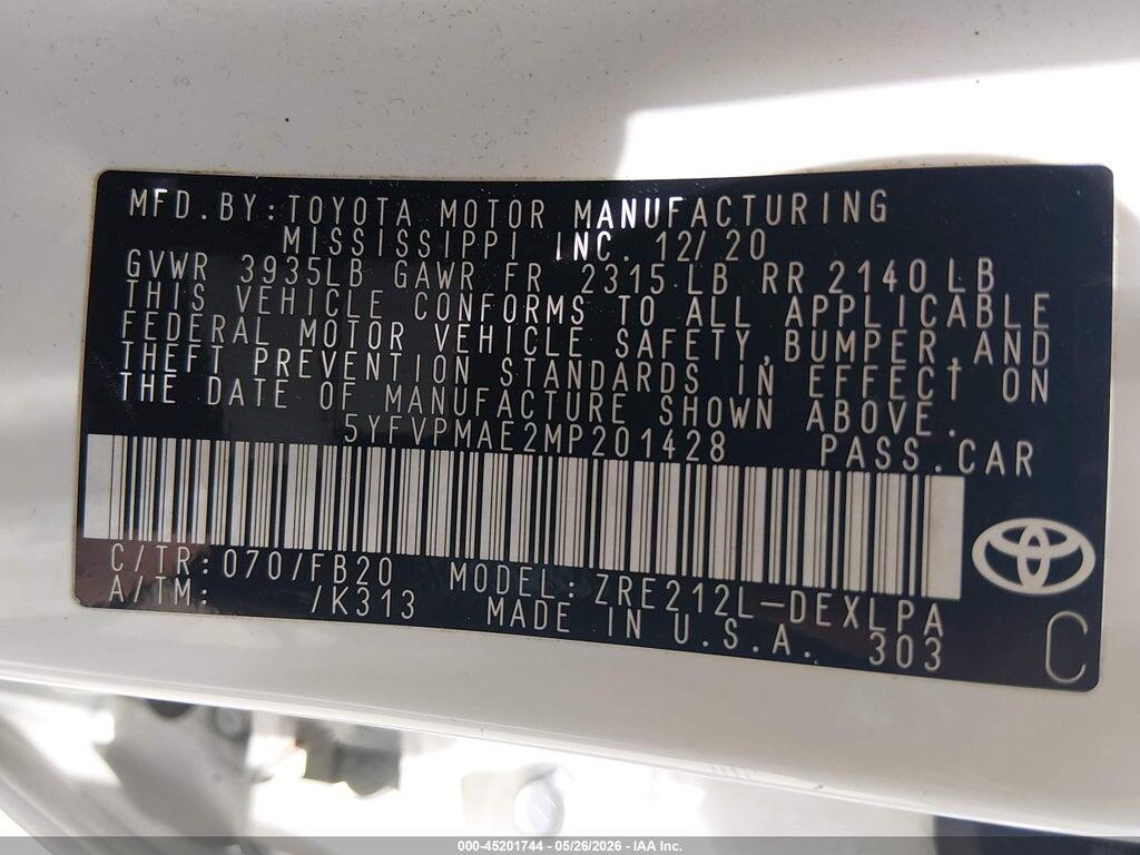 5YFVPMAE2MP201428 2021 TOYOTA COROLLA photo no. 9