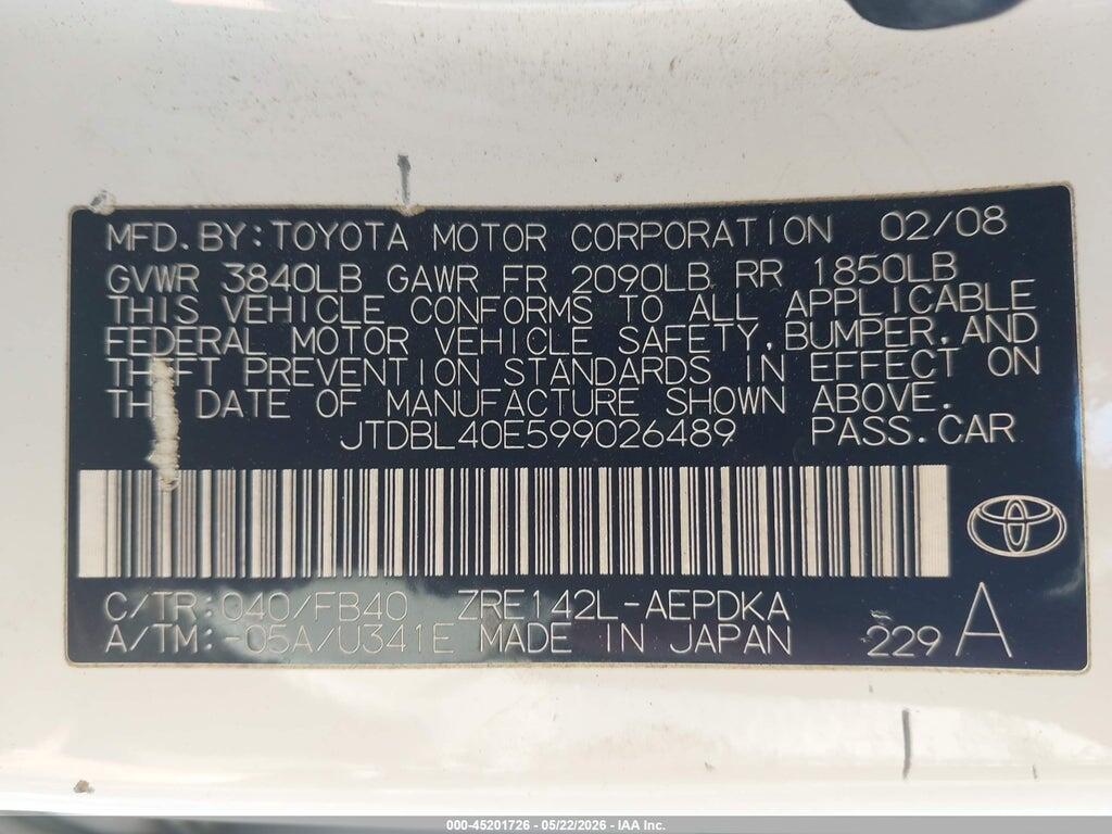 JTDBL40E599026489 2009 TOYOTA COROLLA photo no. 9