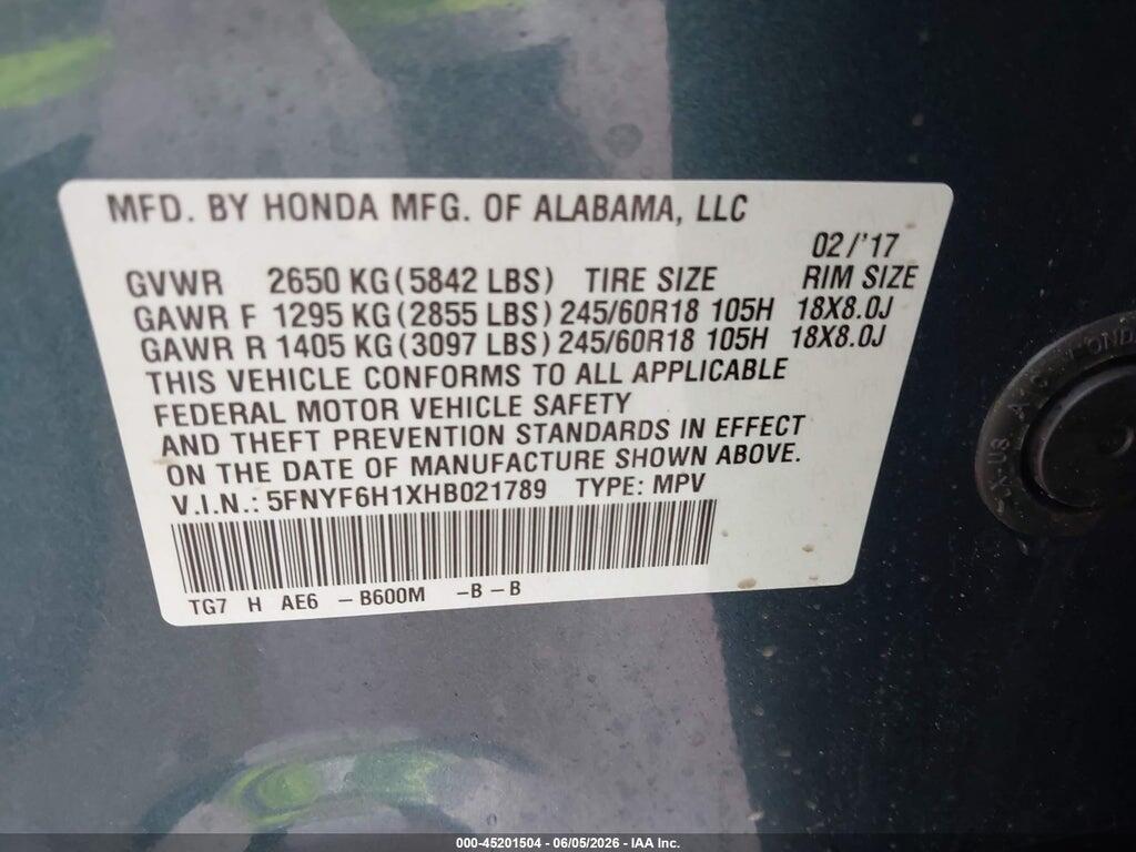 5FNYF6H1XHB021789 2017 HONDA PILOT photo no. 9