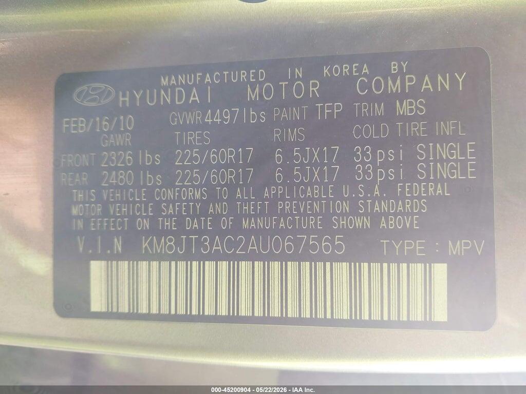 KM8JT3AC2AU067565 2010 HYUNDAI TUCSON photo no. 9