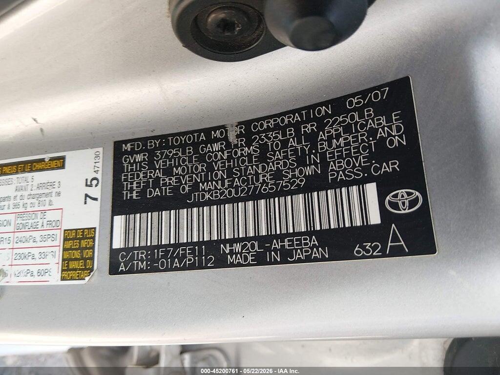 JTDKB20U277657529 2007 TOYOTA PRIUS photo no. 9