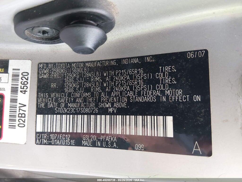 5TDZK23C17S080726 2007 TOYOTA SIENNA photo no. 9