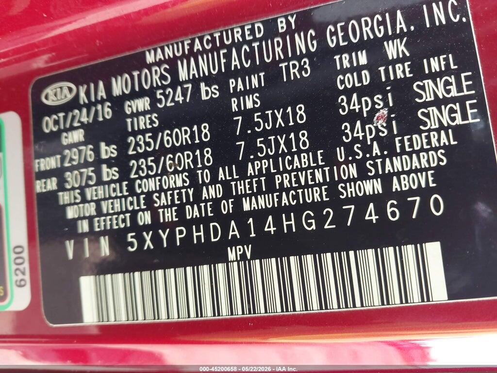 5XYPHDA14HG274670 2017 KIA SORENTO photo no. 9