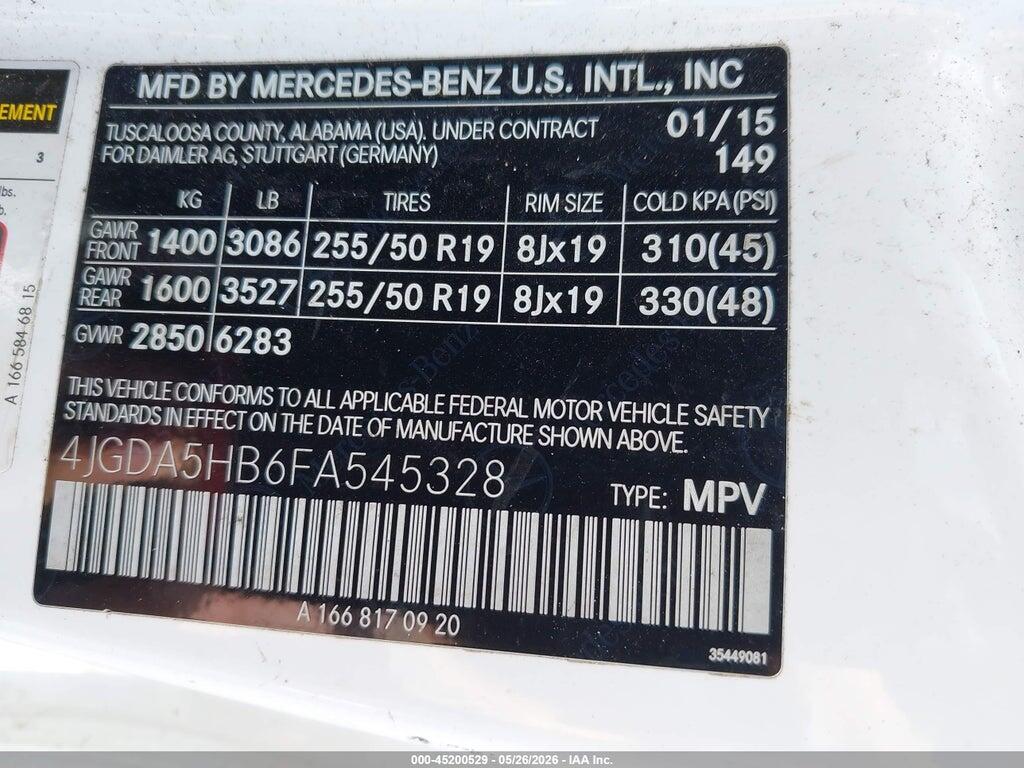 4JGDA5HB6FA545328 2015 MERCEDES-BENZ ML 350 photo no. 9
