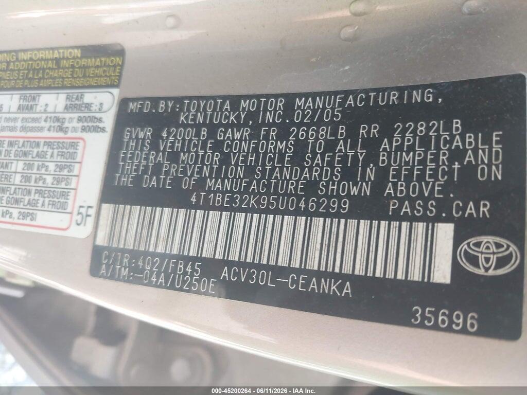 4T1BE32K95U046299 2005 TOYOTA CAMRY photo no. 9