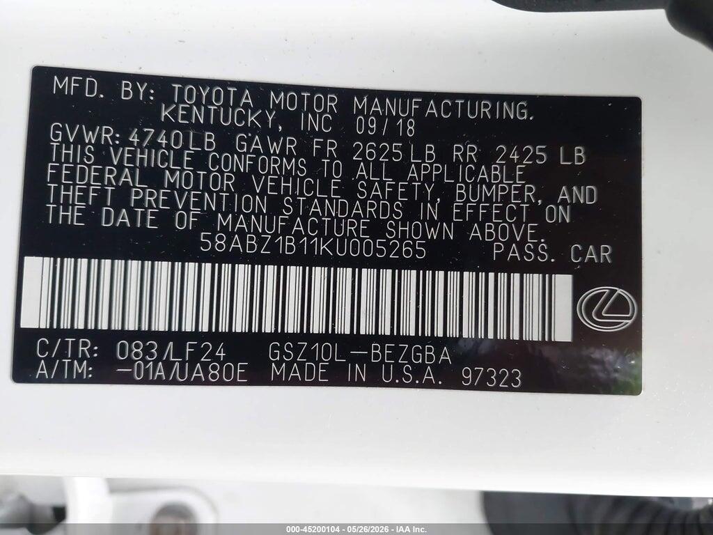58ABZ1B11KU005265 2019 LEXUS ES 350 photo no. 9