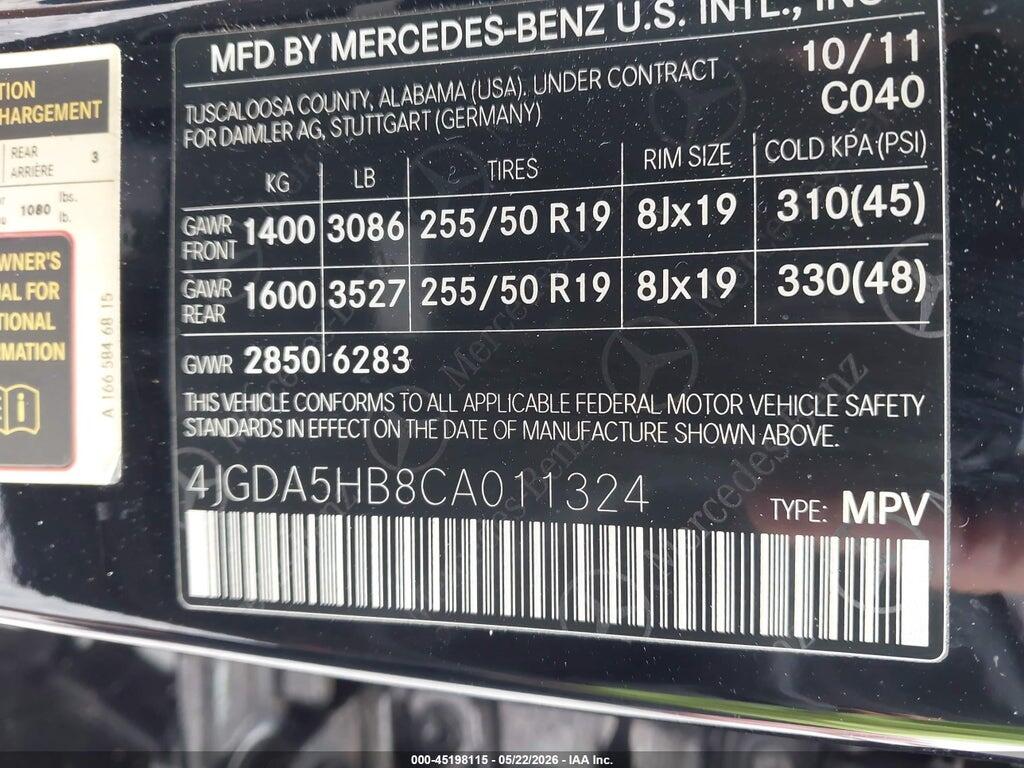 4JGDA5HB8CA011324 2012 MERCEDES-BENZ ML 350 photo no. 9