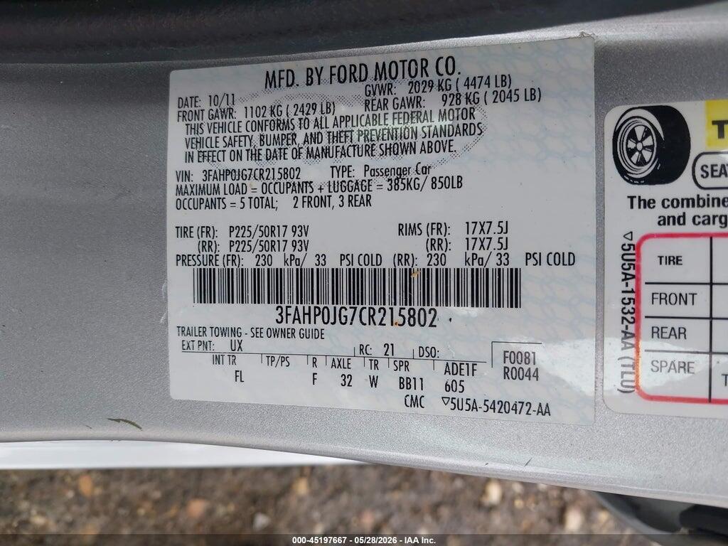 3FAHP0JG7CR215802 2012 FORD FUSION photo no. 9