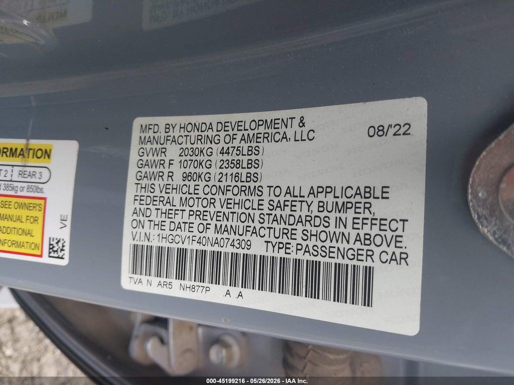 1HGCV1F40NA074309 2022 HONDA ACCORD photo no. 9