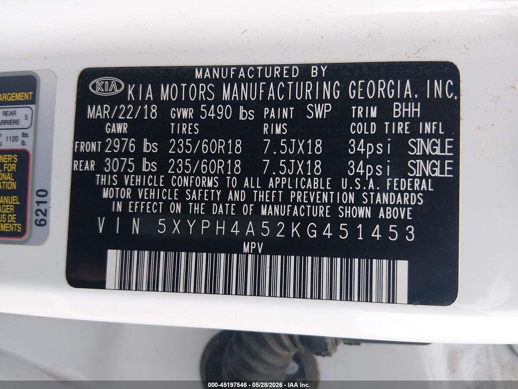 5XYPH4A52KG451453 2019 KIA SORENTO photo no. 9
