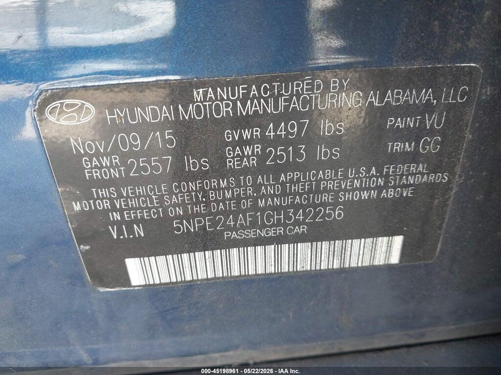 5NPE24AF1GH342256 2016 HYUNDAI SONATA photo no. 9
