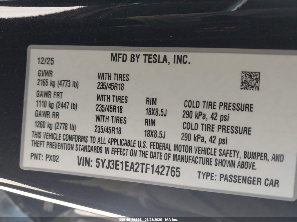 5YJ3E1EA2TF142765 2026 TESLA MODEL 3 photo no. 9