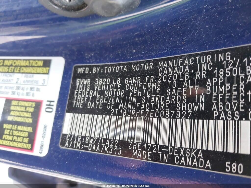 2T1BURHE7EC087927 2014 TOYOTA COROLLA photo no. 9