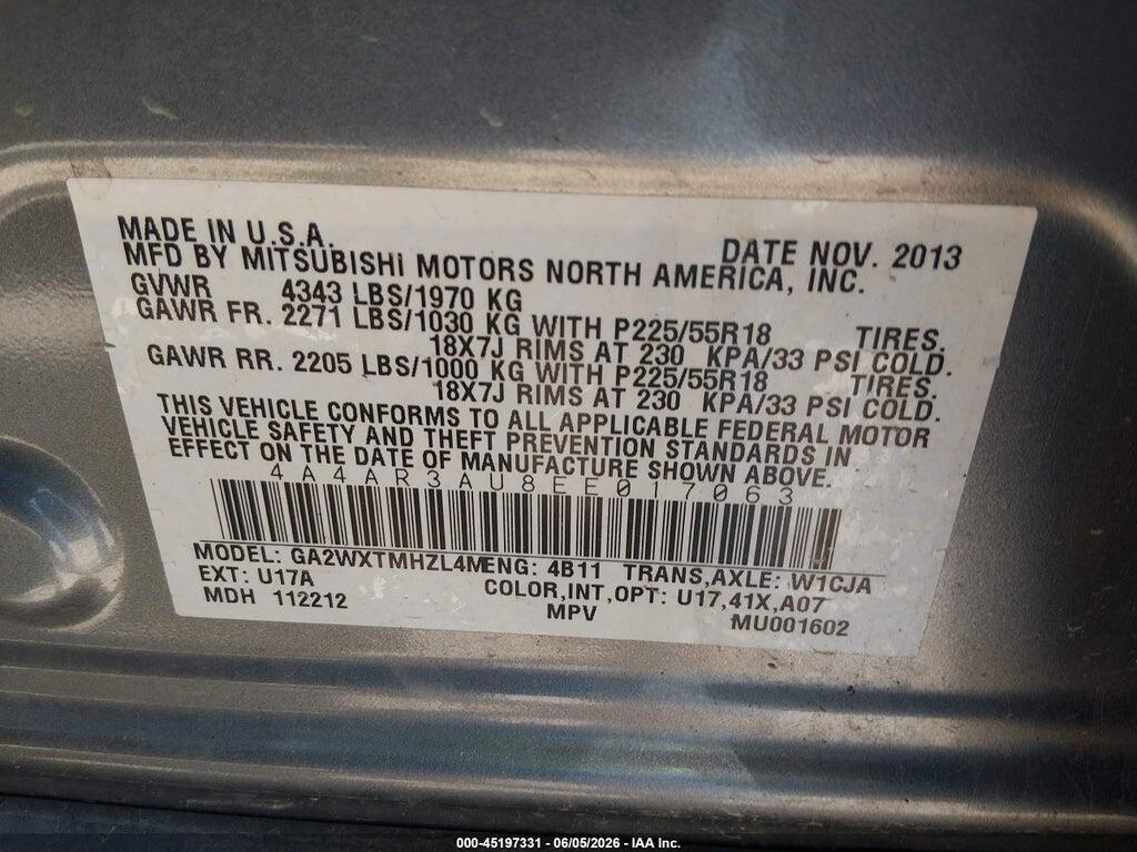 4A4AR3AU8EE017063 2014 MITSUBISHI OUTLANDER SPORT photo no. 9