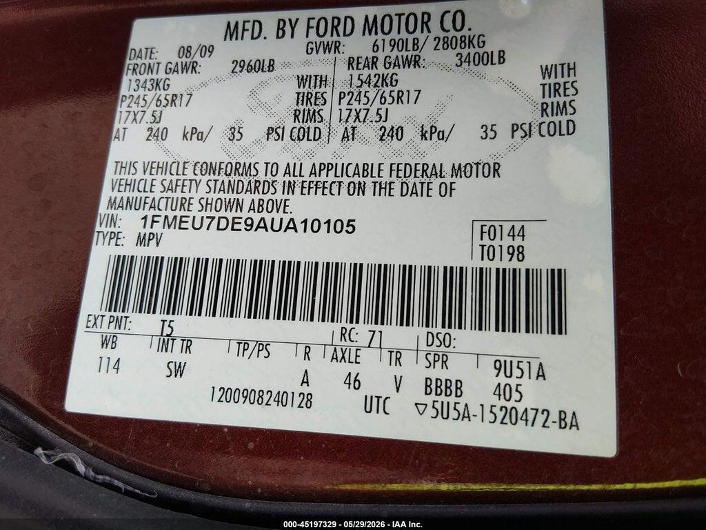 1FMEU7DE9AUA10105 2010 FORD EXPLORER photo no. 9
