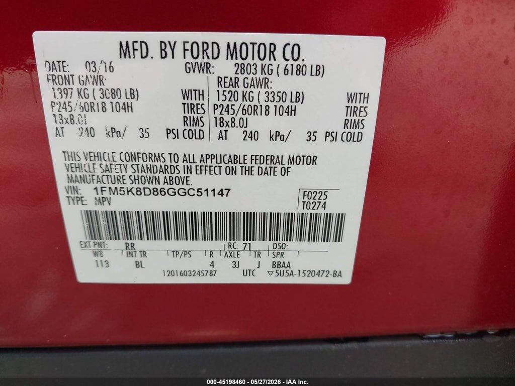 1FM5K8D86GGC51147 2016 FORD EXPLORER photo no. 9