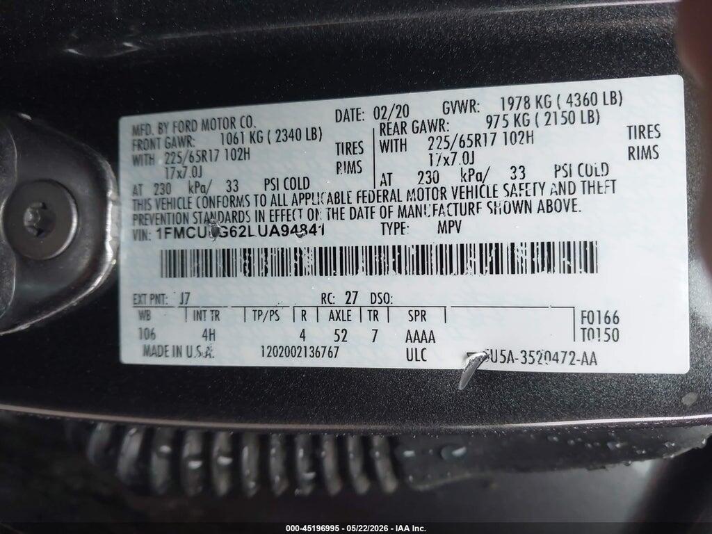 1FMCU0G62LUA94841 2020 FORD ESCAPE photo no. 9