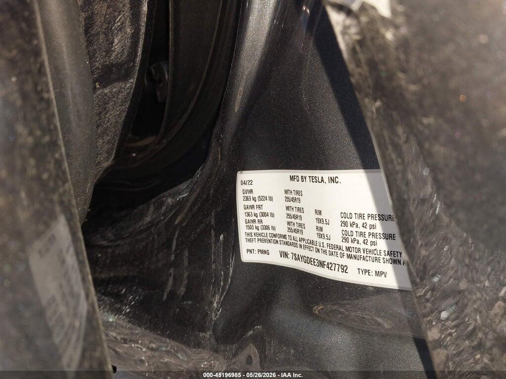 7SAYGDEE3NF427792 2022 TESLA MODEL Y photo no. 9