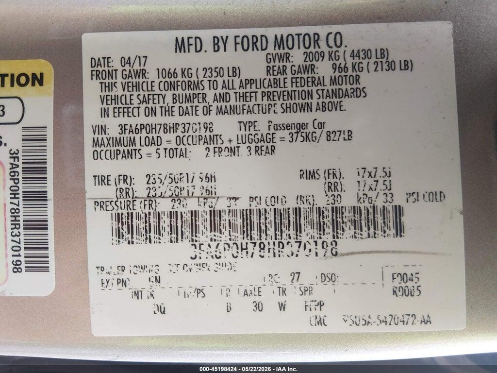 3FA6P0H78HR370198 2017 FORD FUSION photo no. 9