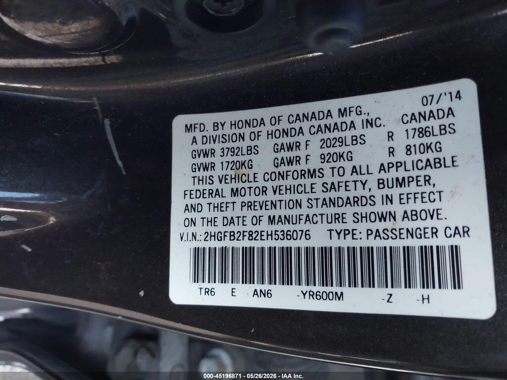 2HGFB2F82EH536076 2014 HONDA CIVIC photo no. 9