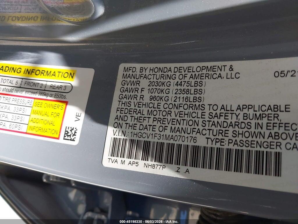 1HGCV1F31MA070176 2021 HONDA ACCORD photo no. 9
