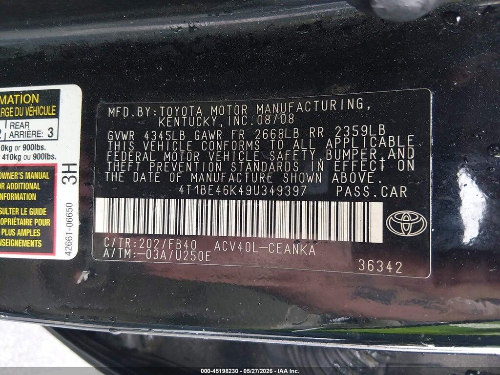 4T1BE46K49U349397 2009 TOYOTA CAMRY photo no. 9