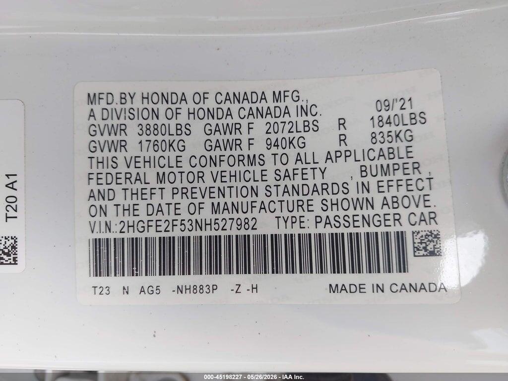 2HGFE2F53NH527982 2022 HONDA CIVIC photo no. 9