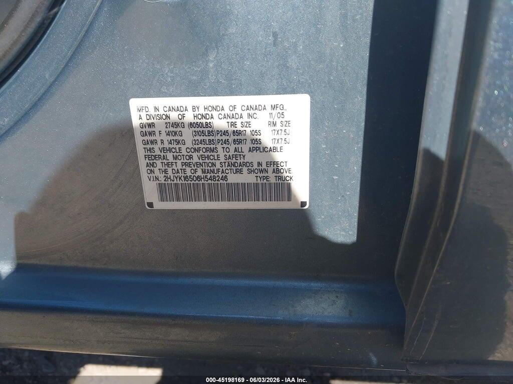 2HJYK16506H548246 2006 HONDA RIDGELINE photo no. 9