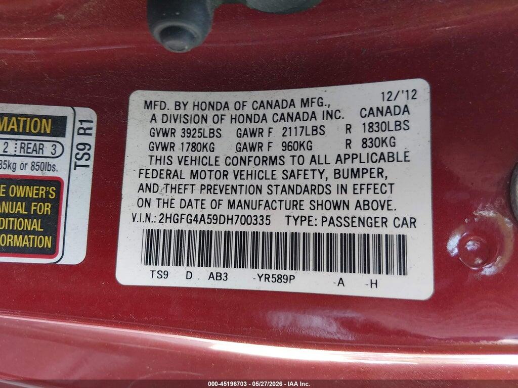 2HGFG4A59DH700335 2013 HONDA CIVIC photo no. 9