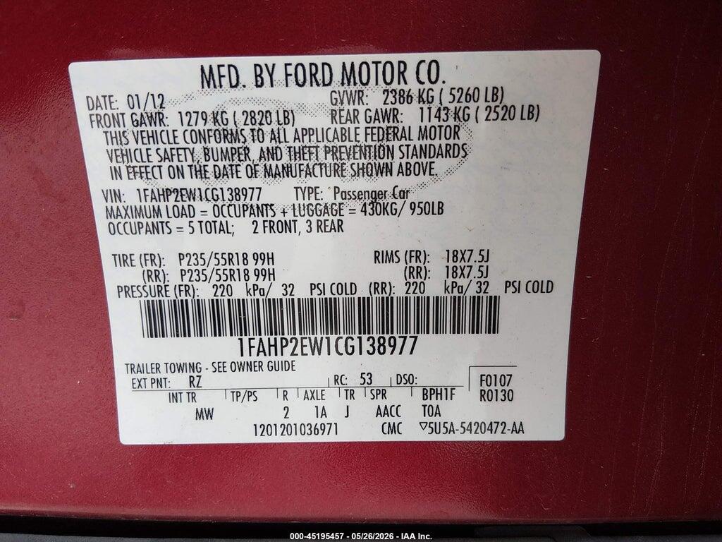 1FAHP2EW1CG138977 2012 FORD TAURUS photo no. 9