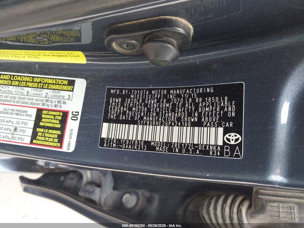 5YFBURHE2GP424166 2016 TOYOTA COROLLA photo no. 9