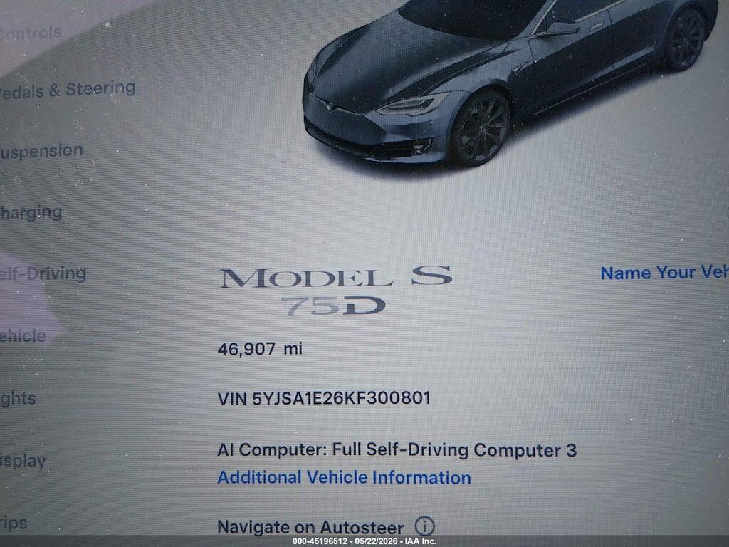 5YJSA1E26KF300801 2019 TESLA MODEL S photo no. 7