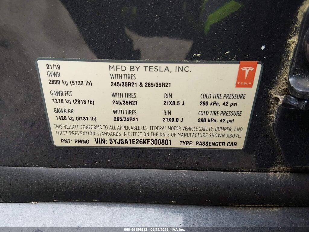 5YJSA1E26KF300801 2019 TESLA MODEL S photo no. 9