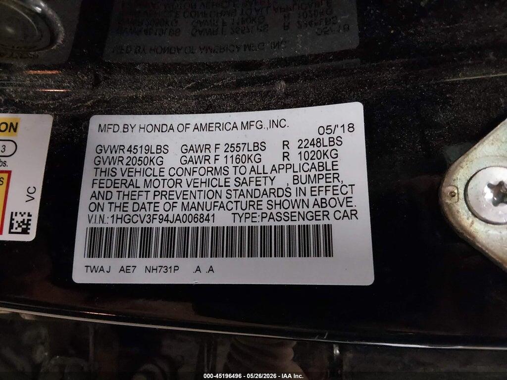 1HGCV3F94JA006841 2018 HONDA ACCORD HYBRID photo no. 9