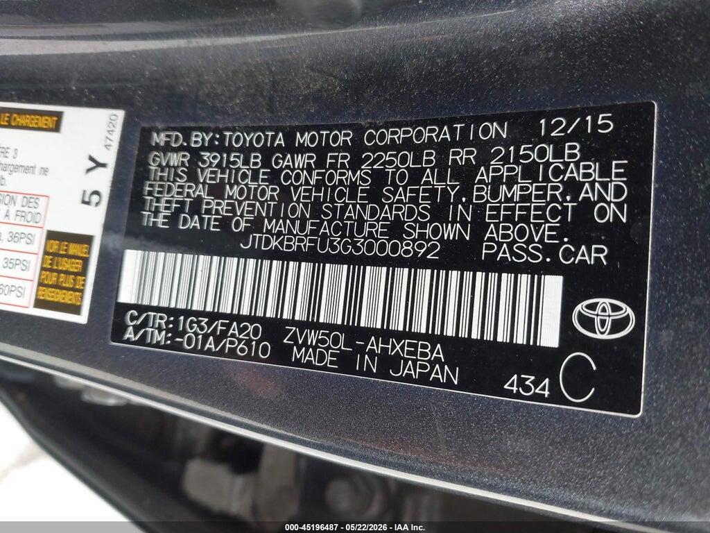 JTDKBRFU3G3000892 2016 TOYOTA PRIUS photo no. 8