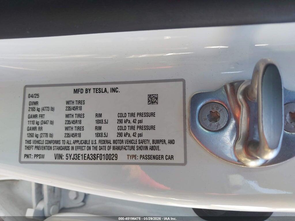 5YJ3E1EA3SF010029 2025 TESLA MODEL 3 photo no. 9
