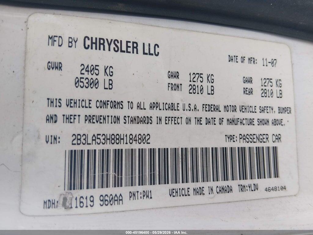 2B3LA53H88H184802 2008 DODGE CHARGER photo no. 9