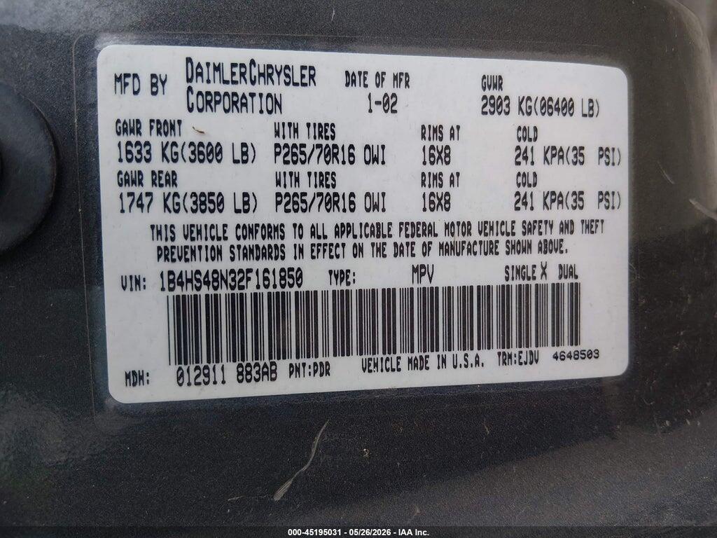 1B4HS48N32F161850 2002 DODGE DURANGO photo no. 9