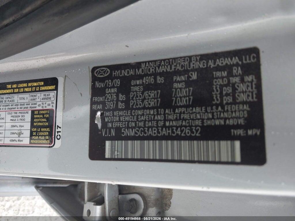 5NMSG3AB3AH342632 2010 HYUNDAI SANTA FE photo no. 9