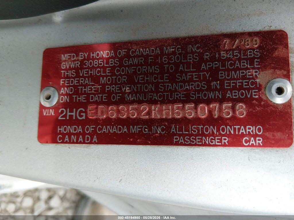 2HGED6352KH550756 1989 HONDA CIVIC photo no. 9
