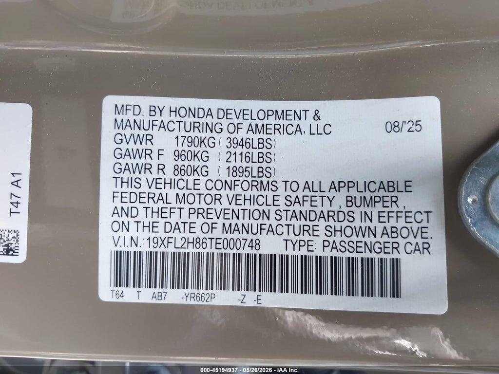 19XFL2H86TE000748 2026 HONDA CIVIC photo no. 9