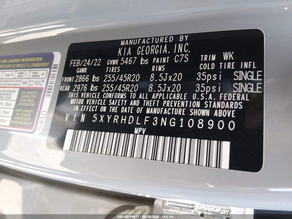 5XYRHDLF3NG108900 2022 KIA SORENTO photo no. 9
