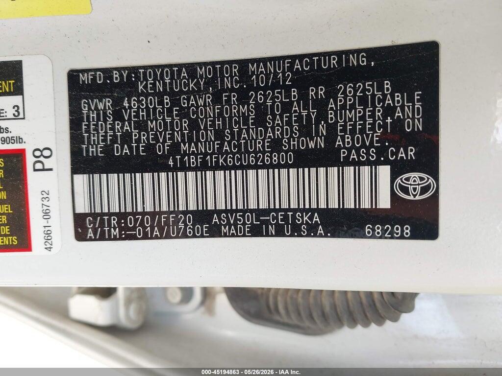 4T1BF1FK6CU626800 2012 TOYOTA CAMRY photo no. 9